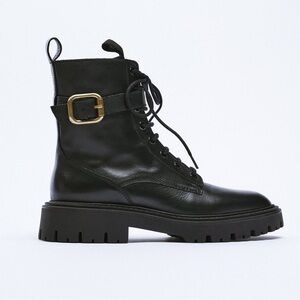 NWT. Zara Black Leather Laced Ankle Boots with Buckle. Size 10.